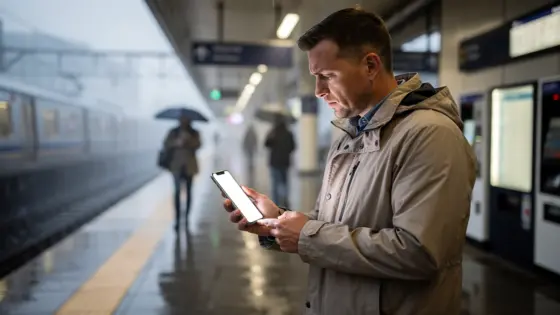 Eine Person markiert auf einem Bahnsteig ein verlorenes Smartphone über ein anderes Android-Gerät.