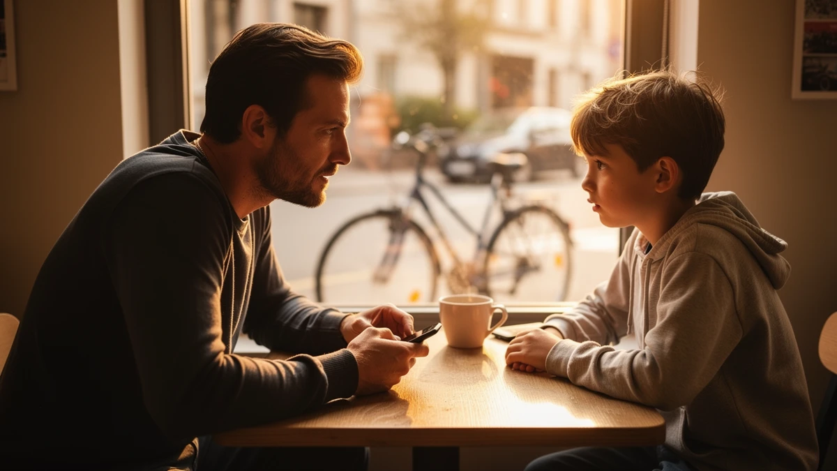 Ein Vater und sein Sohn besprechen Apple EU App-Regeln vor dem Kauf eines Spiels in einem Café.