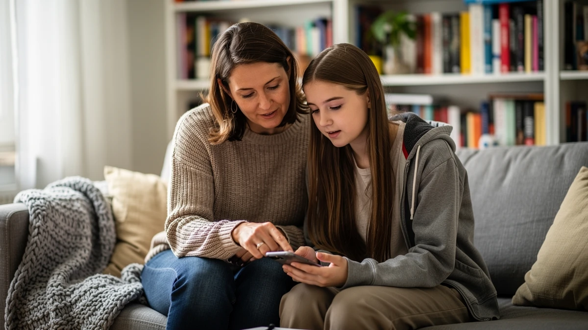 Eine Mutter und ihre jugendliche Tochter besprechen Apple EU App-Regeln bei einer Kaufentscheidung am Smartphone.
