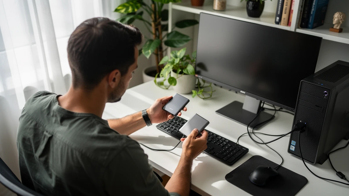 Eine Person verbindet an einem hellen Heimarbeitsplatz einen externen Speicher mit einem kompakten Desktop-Rechner.