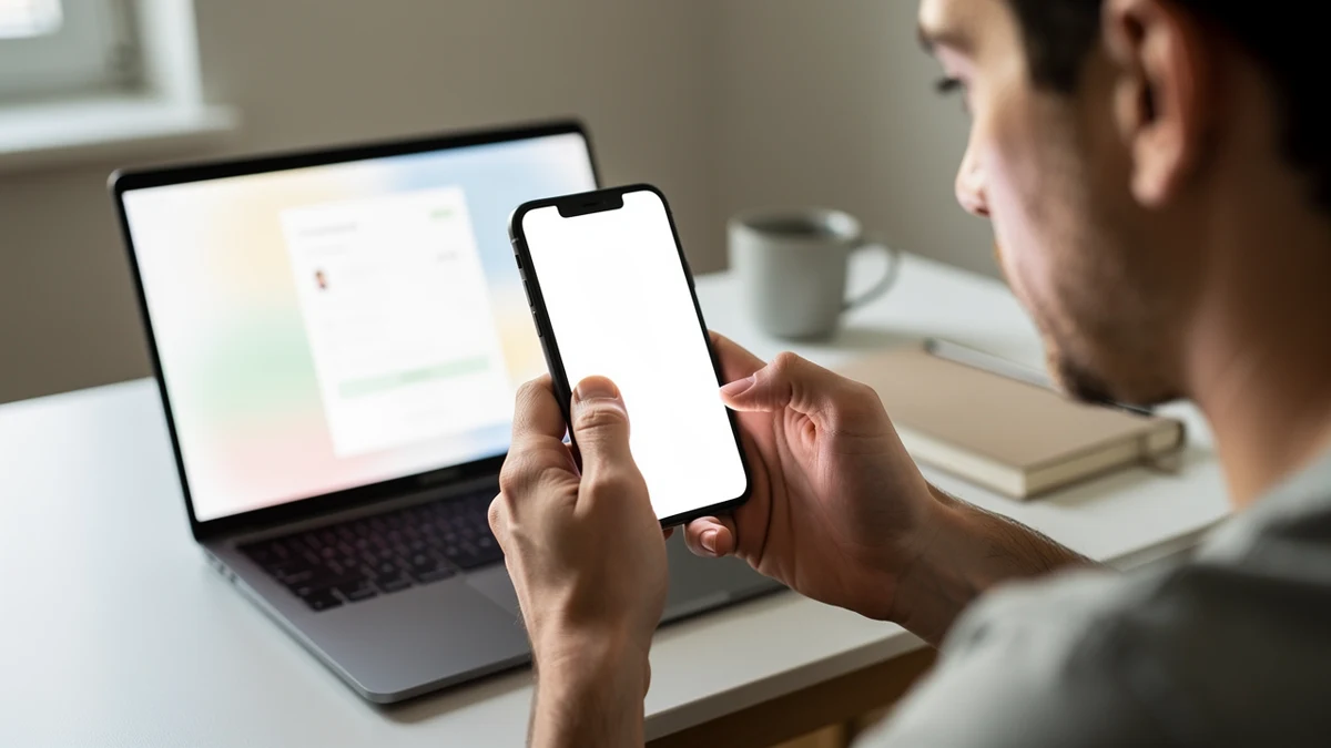 Eine Person bestätigt einen Onlinekauf mit Face ID auf einem iPhone neben einem Laptop.