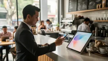 Eine Kundin bezahlt in einem Café kontaktlos mit einem iPhone.