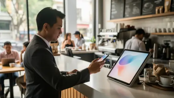 Eine Kundin bezahlt in einem Café kontaktlos mit einem iPhone.