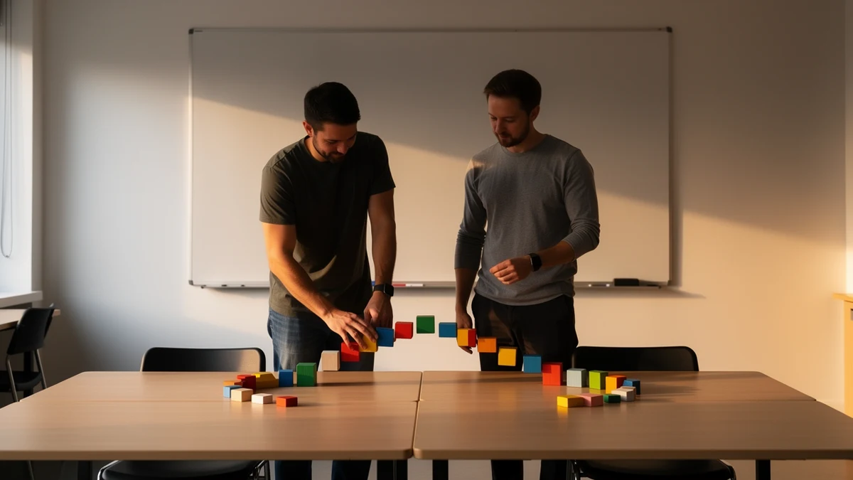 Zwei Plattformingenieure setzen farbige Auftragsmarken in einen unterbrochenen Ablauf ein.