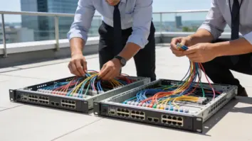 Ein Netzwerkingenieur ordnet viele farbige Verbindungsleitungen in zwei großzügige Routing-Ablagen.