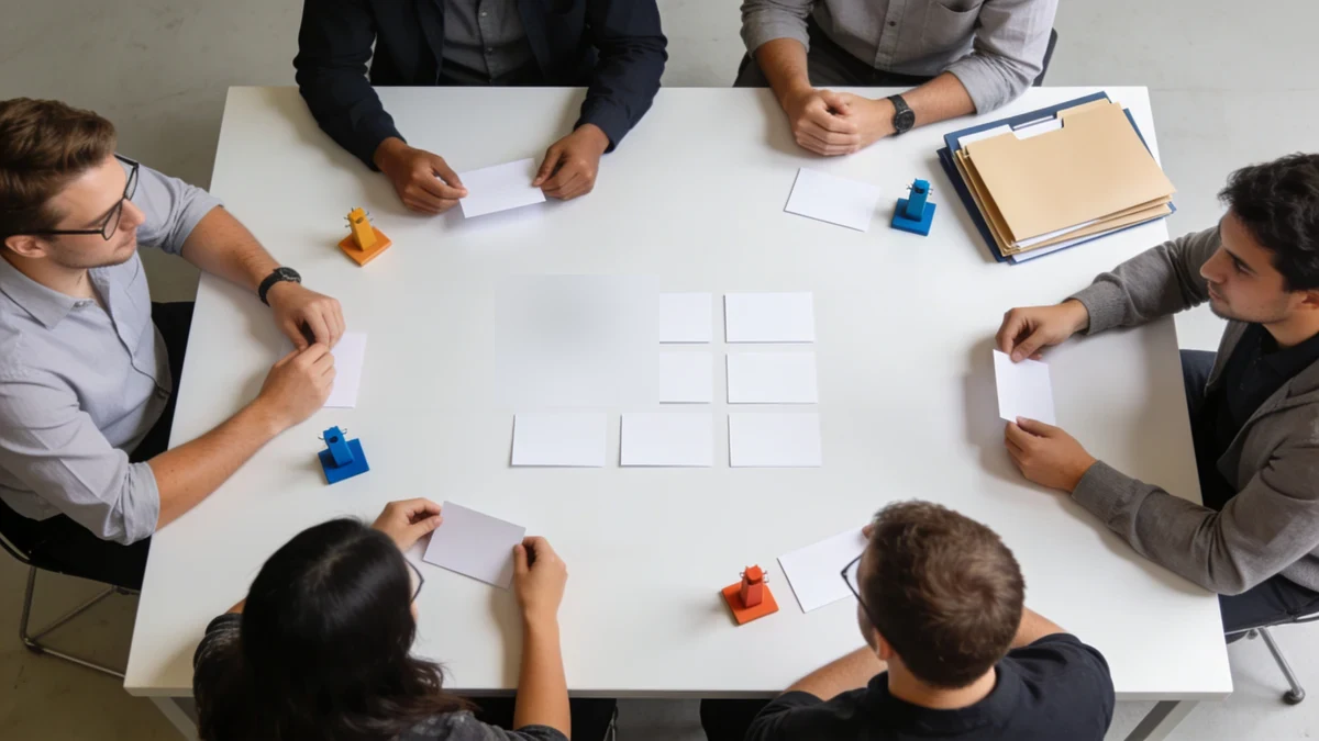 Ein Entwicklerteam probt eine Migration mit unbeschrifteten Versionskarten, Rückfallmappen und Kontrollpunkten.