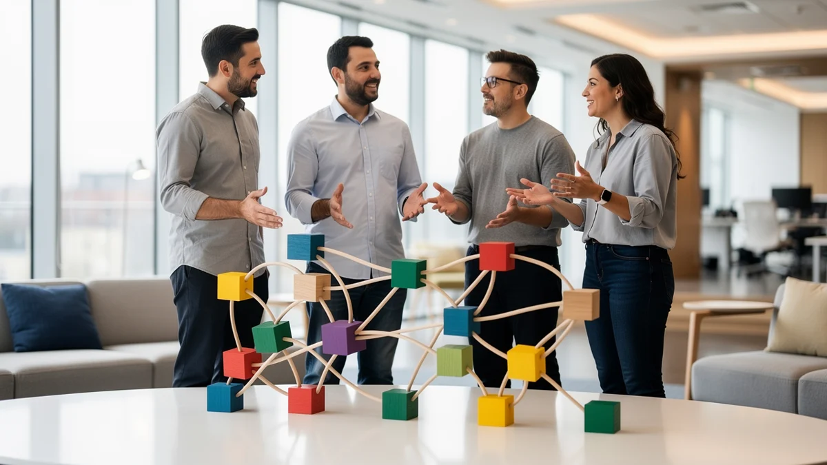 Ein Entwicklerteam probt eine Migration mit unbeschrifteten Versionskarten, Rückfallmappen und Kontrollpunkten.