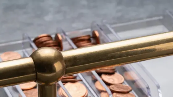 Kupferne Kostentoken sammeln sich in festen transparenten Sichtschalen hinter einer versiegelten Messingschiene.