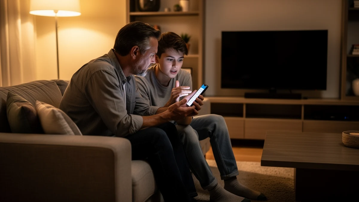 Ein Elternteil und ein Teenager besprechen Einstellungen auf einem Smartphone im Wohnzimmer.
