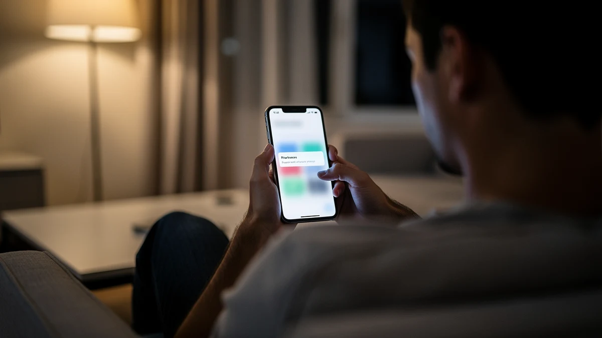 Eine Person prüft am Abend Werbe- und Datenschutz-Einstellungen in einer mobilen App.