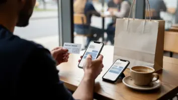 Eine Person vergleicht in einem Café eine gekennzeichnete Anzeige und eine Antwort in einer Chat-App.