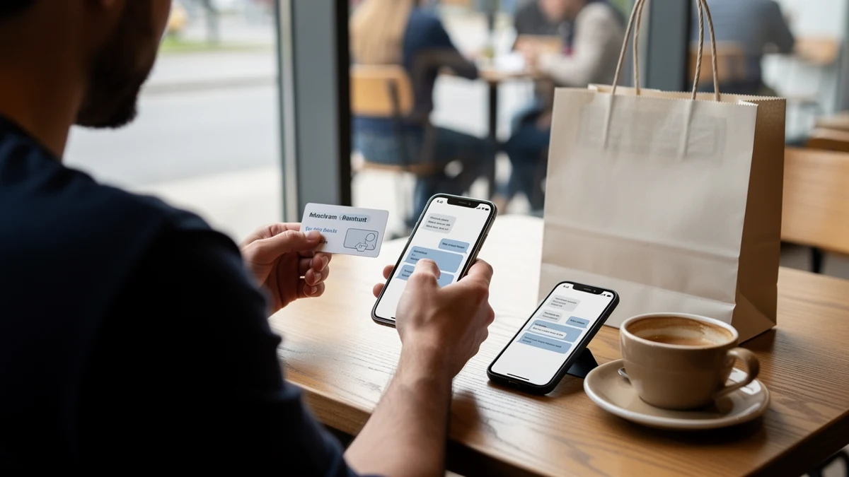 Eine Person vergleicht in einem Café eine gekennzeichnete Anzeige und eine Antwort in einer Chat-App.