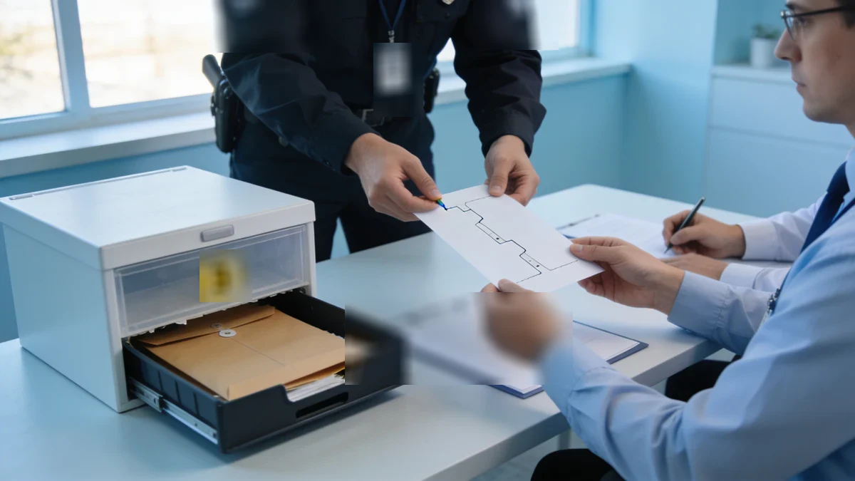 Ein Incident Responder verfolgt einen unbeschrifteten Angriffspfad von einer offenen Briefablage zu einer gesicherten Beweisbox.