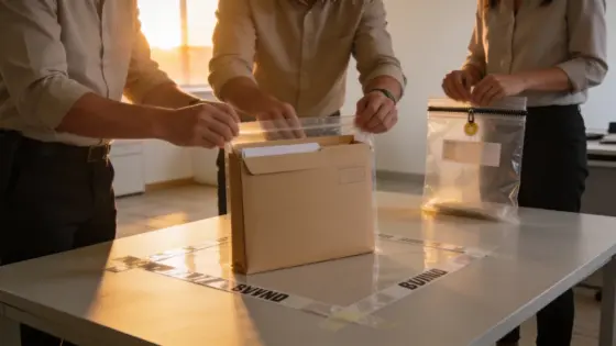 Zwei Sicherheitsanalysten isolieren eine unbeschriftete Mailserver-Mappe in einem abgegrenzten Beweisbereich.