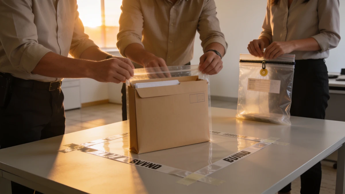 Zwei Sicherheitsanalysten isolieren eine unbeschriftete Mailserver-Mappe in einem abgegrenzten Beweisbereich.