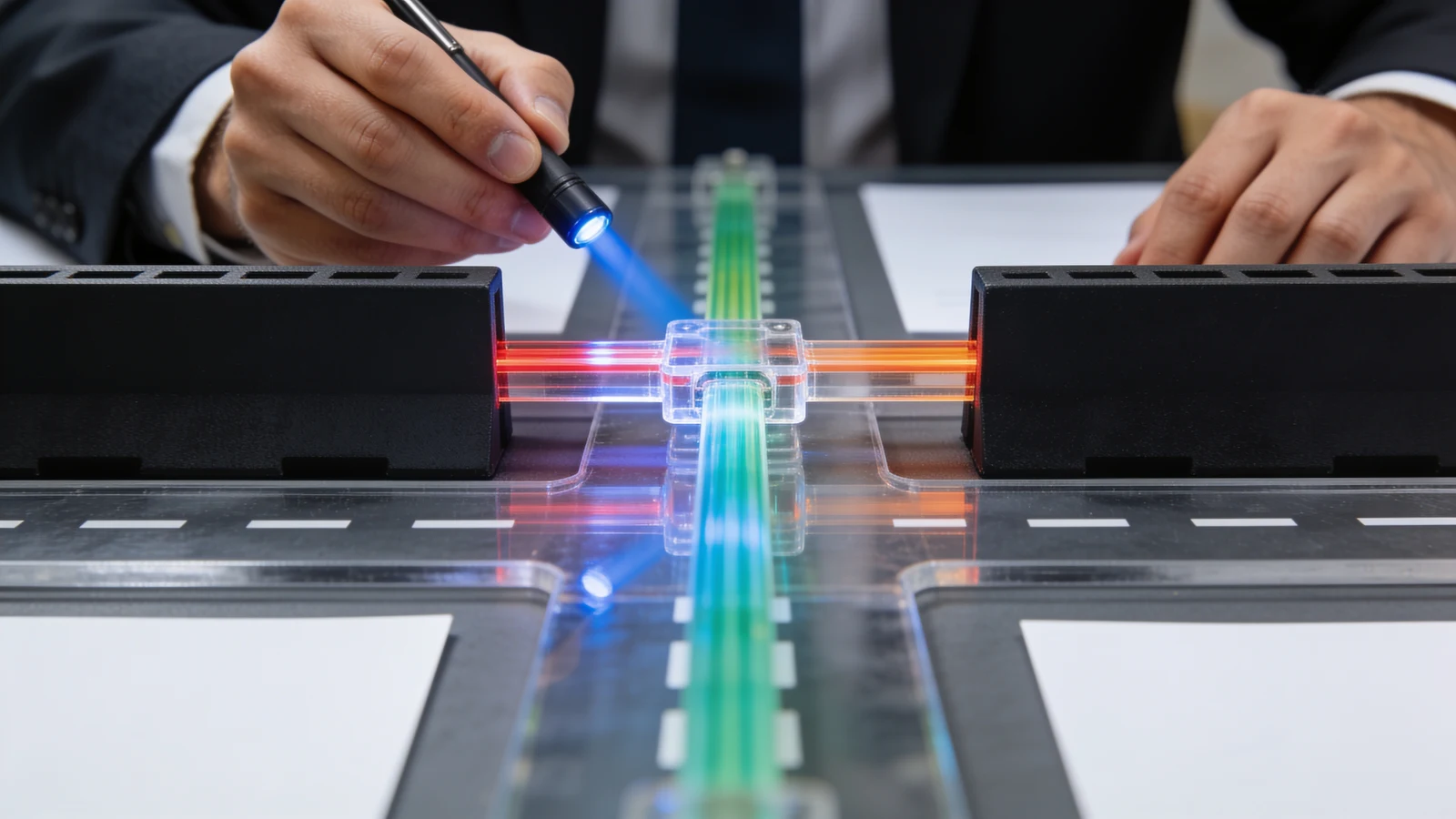 Eine Analystin verfolgt Lichtpfade durch einen transparenten Protokollknoten, während Nebenwege blockiert bleiben.