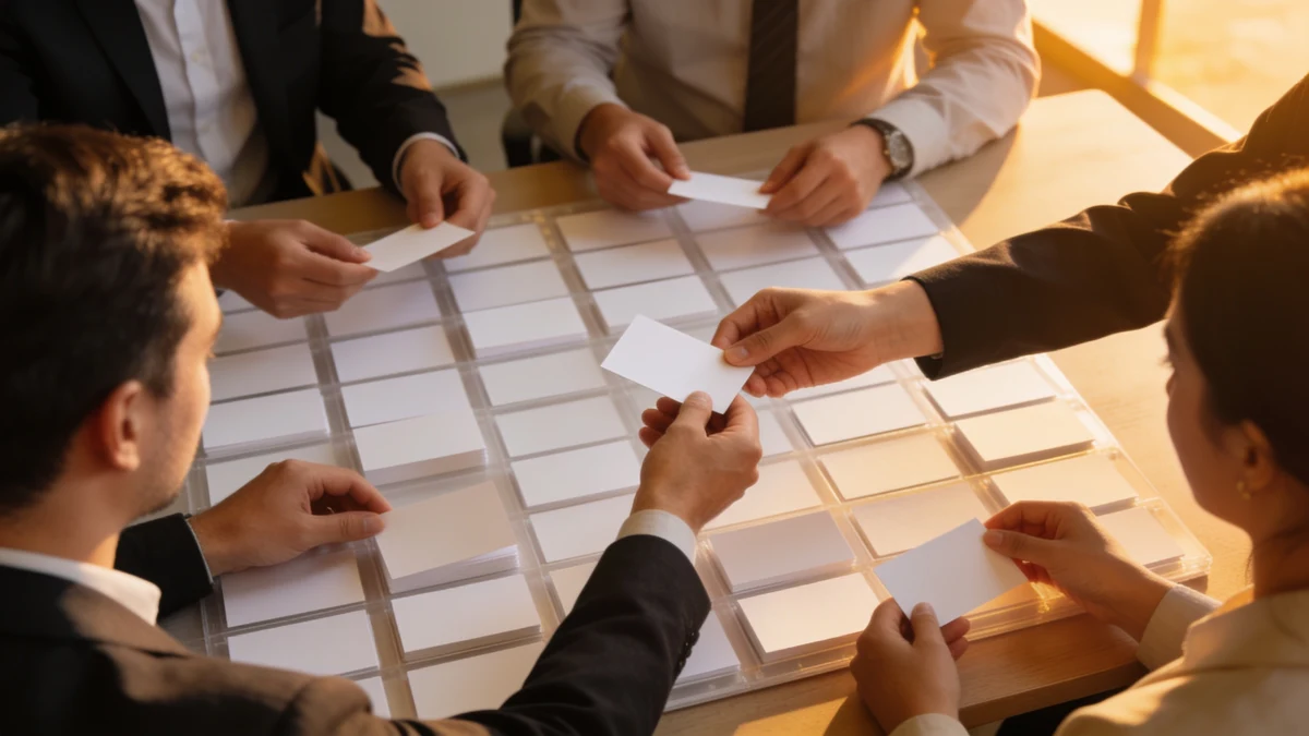 Fünf Kollegen wählen in einem Workshop nur die benötigten unbeschrifteten Berechtigungskarten aus.