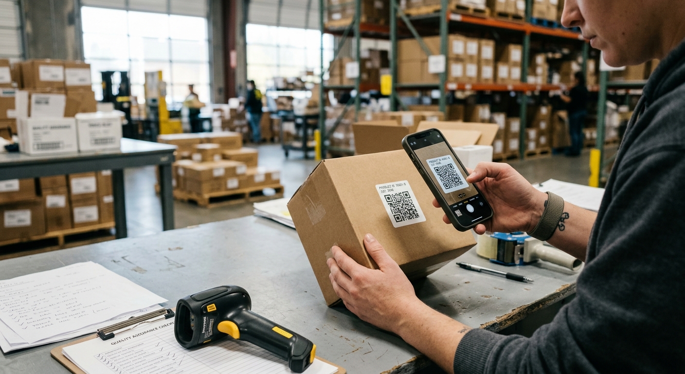 Datenträger Produktpass wird im Lager per Smartphone geprüft