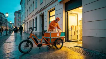 Delivery, Hero, Quick – Lieferfahrer holt Bestellung an einem Dmart für Quick Commerce ab