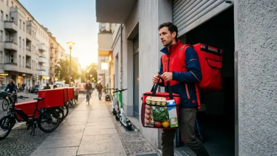 Delivery, Hero, Quick – Kurier verlässt einen Dmart mit Lieferbeutel für Quick Commerce von Delivery Hero