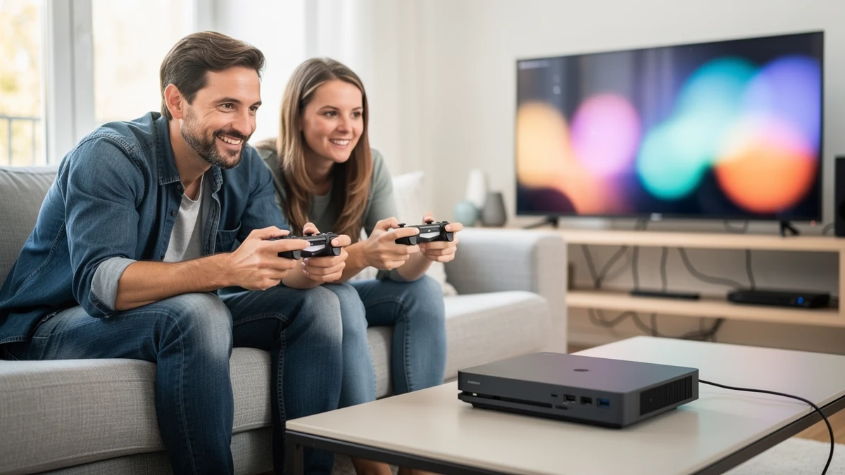 Zwei Personen wählen auf dem Sofa ein Spiel aus