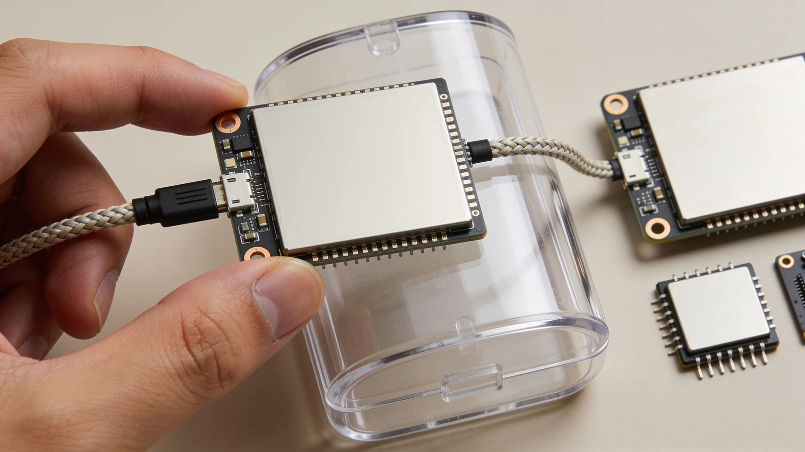 Eine Hand verbindet eine blanke Embedded-Platine über ein einzelnes Kabel mit einer transparent isolierten Arbeitskapsel.