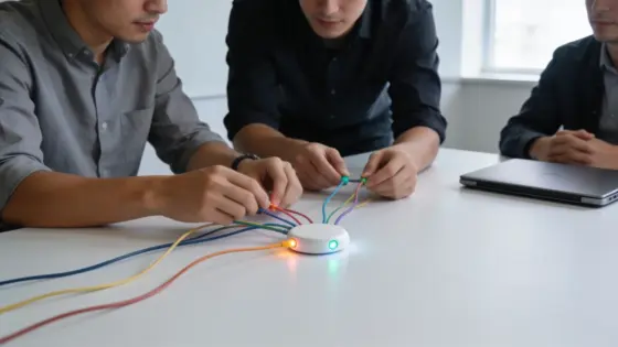 Zwei Plattformingenieure koordinieren eine Auslieferung mit farbigen Verbindungen und unbeschrifteten Statuslichtern.