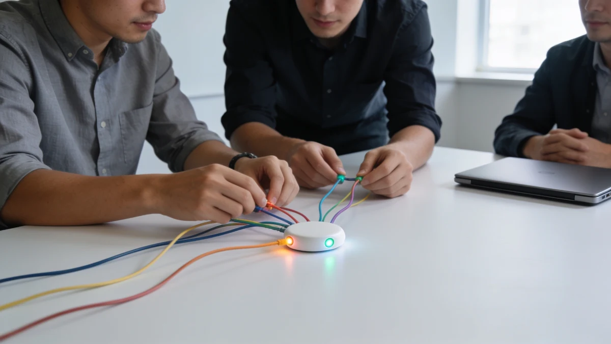 Zwei Plattformingenieure koordinieren eine Auslieferung mit farbigen Verbindungen und unbeschrifteten Statuslichtern.