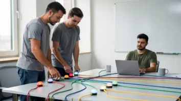 Zwei Plattformingenieure koordinieren eine Auslieferung mit farbigen Verbindungen und unbeschrifteten Statuslichtern.