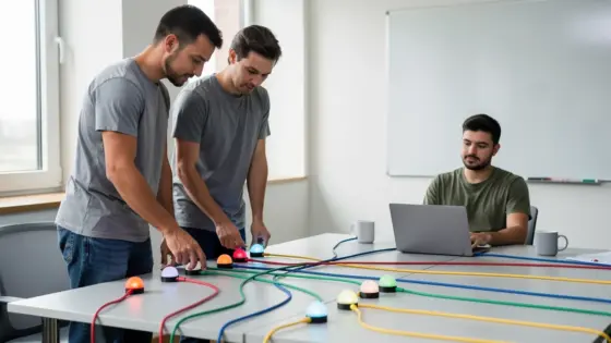 Zwei Plattformingenieure koordinieren eine Auslieferung mit farbigen Verbindungen und unbeschrifteten Statuslichtern.