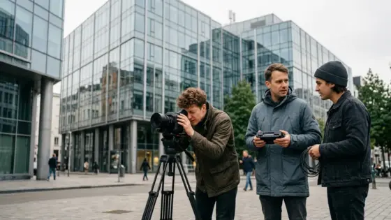 EU Medienförderung 2026: unabhängiges Filmteam vor europäischer Institution