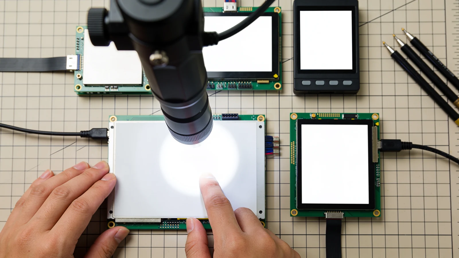 Ein Tester verbindet unterschiedliche Hardware mit einer kompakten Linux-Prüfstation neben Bootmedium und Signaturschlüssel.