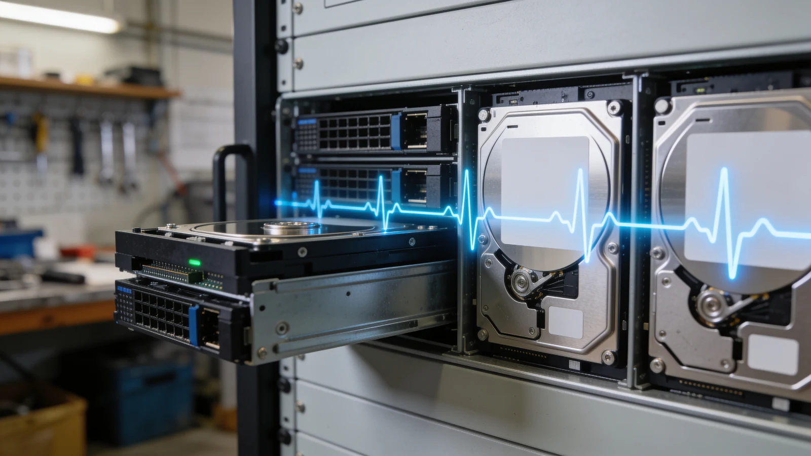 Serverrack und Laufwerke mit Sensorlichtern als Symbol für Fedora-Laufwerksmonitoring