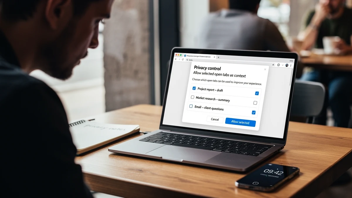 Eine Person prüft im Café eine Browser-Datenschutzeinstellung am Smartphone.