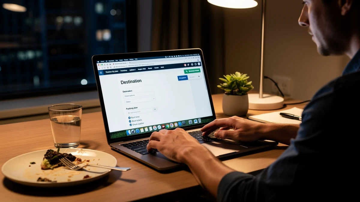 Eine Person ordnet am Abend Browser-Tabs für eine Reiseplanung.