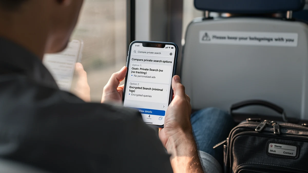 Eine Reisende prüft unterwegs Suchoptionen in einem Smartphone-Browser.