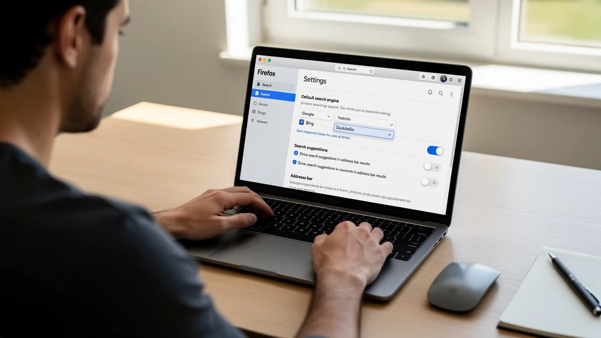 Eine Person wählt in Firefox am Laptop eine Suchmaschine aus.