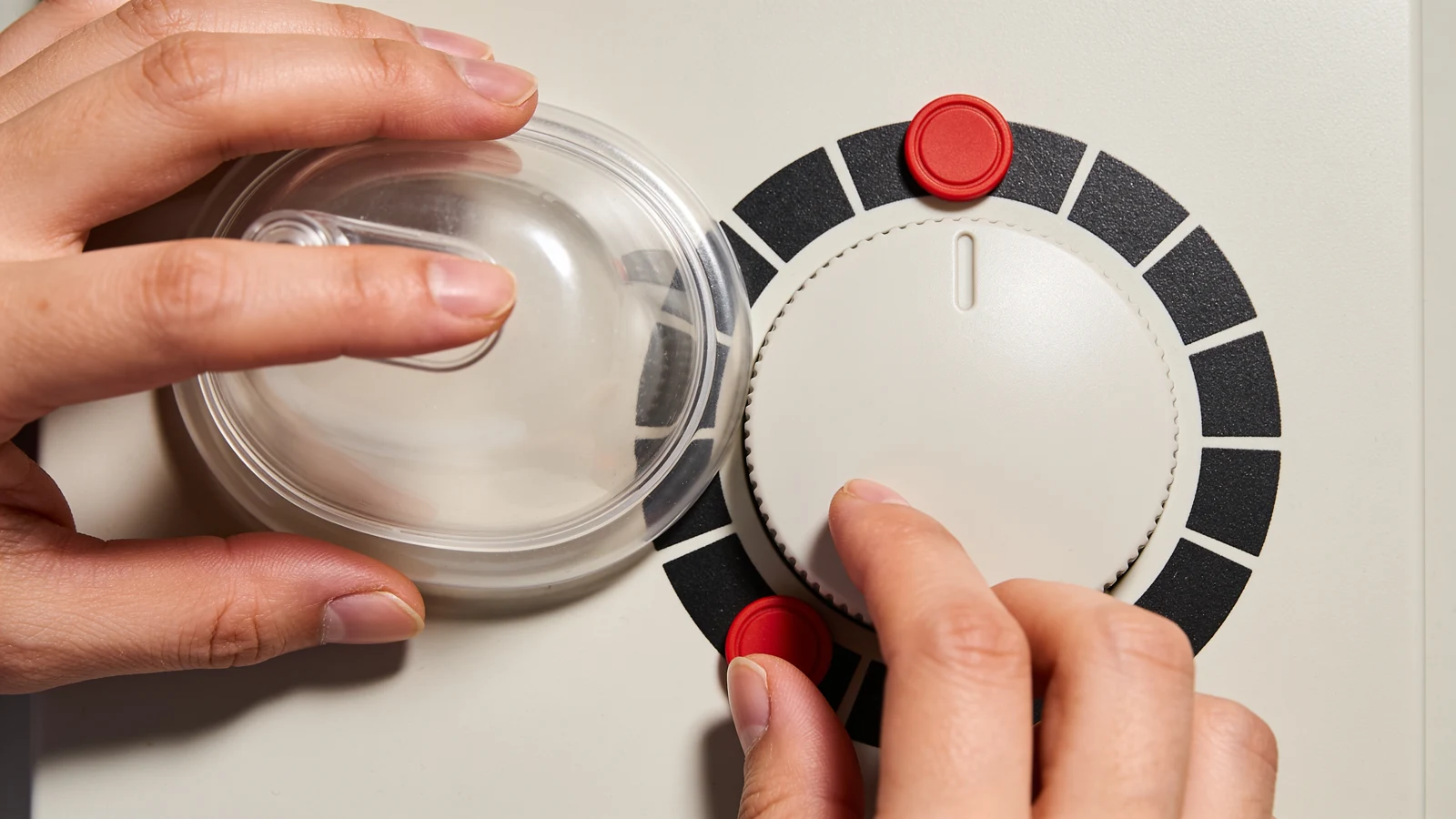 Eine Hand schützt einen Stimulationsregler mit einer transparenten Hülle, während eine zweite einen roten Eingriffskörper aus dem Bereich entfernt.
