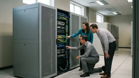 Frontier KI Banken: Team prüft technische Abhängigkeiten im Serverraum