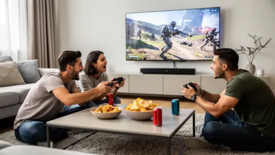 Drei Freunde spielen an einem Samstag gemeinsam ein Koop-Spiel auf einer Konsole.