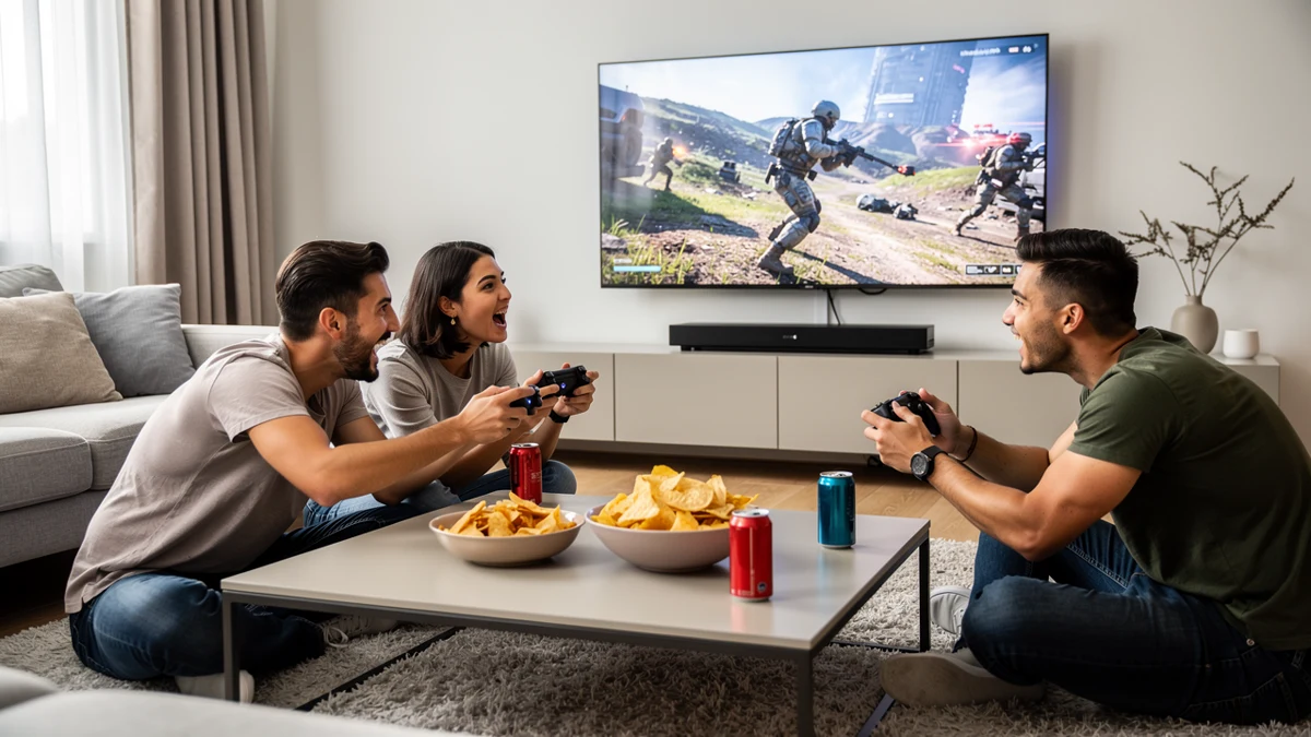 Drei Freunde spielen an einem Samstag gemeinsam ein Koop-Spiel auf einer Konsole.