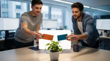 Zwei Entwickler und eine Tooling-Ingenieurin ordnen vier verschiedenfarbige, unbeschriftete Funktionskarten.