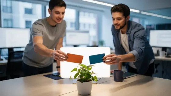 Zwei Entwickler und eine Tooling-Ingenieurin ordnen vier verschiedenfarbige, unbeschriftete Funktionskarten.
