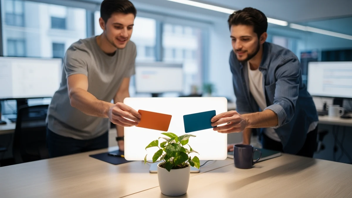 Zwei Entwickler und eine Tooling-Ingenieurin ordnen vier verschiedenfarbige, unbeschriftete Funktionskarten.