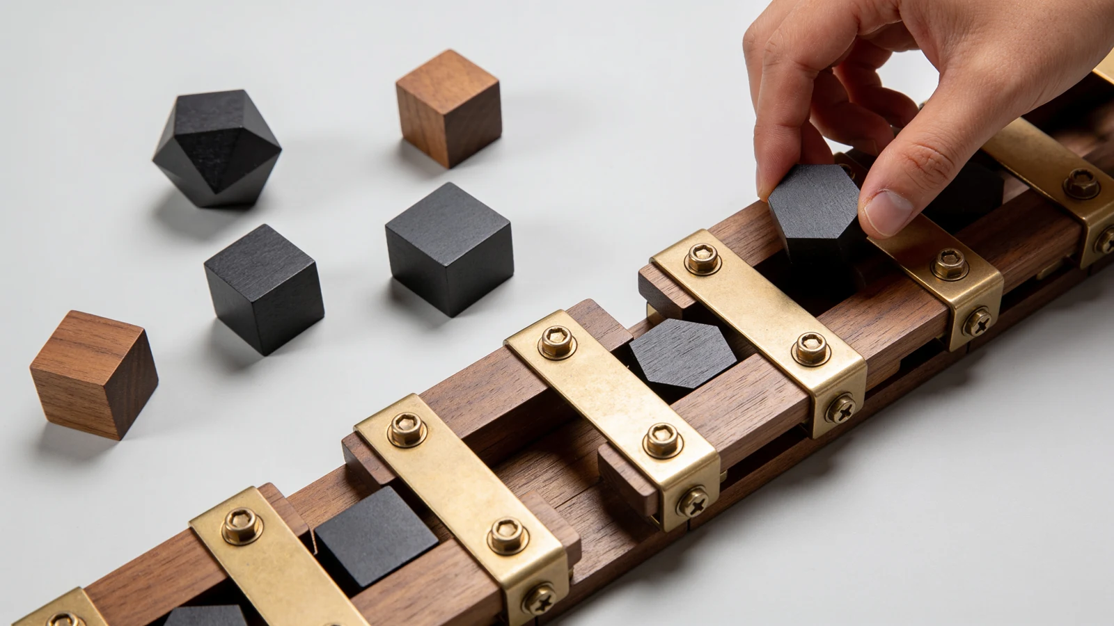 Eine Hand wählt einen dunklen geometrischen Baustein aus und setzt ihn in einen mehrstufigen Werkzeugpfad aus Holz und Messing ein.