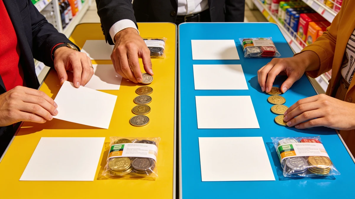 Ein Handelsteam verteilt unbeschriftete Budgetmarken auf zwei parallele Kampagnentische.