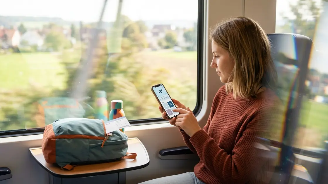 Google, AI, Mode – Frau nutzt Google AI Mode zur Reiseplanung und prüft Flugpreisalarm auf dem Smartphone