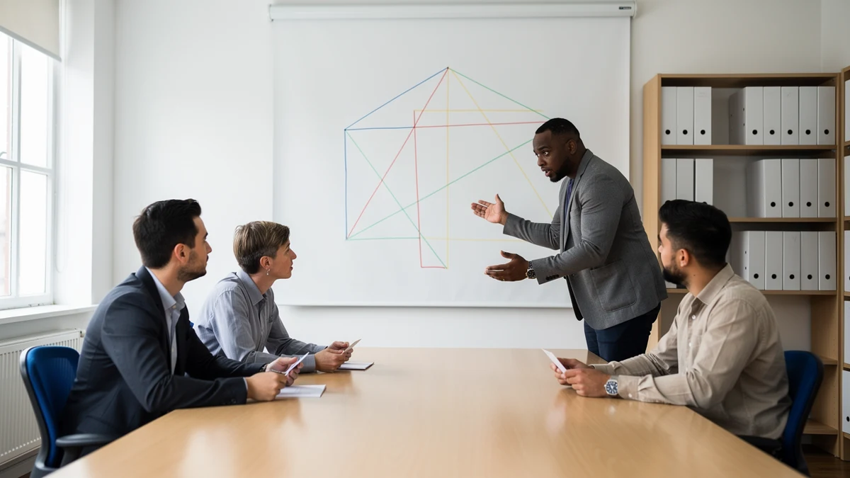 Drei Forschende vergleichen unbeschriftete Regelkarten mit einem geometrischen Prüfpfad aus farbigen Linien.