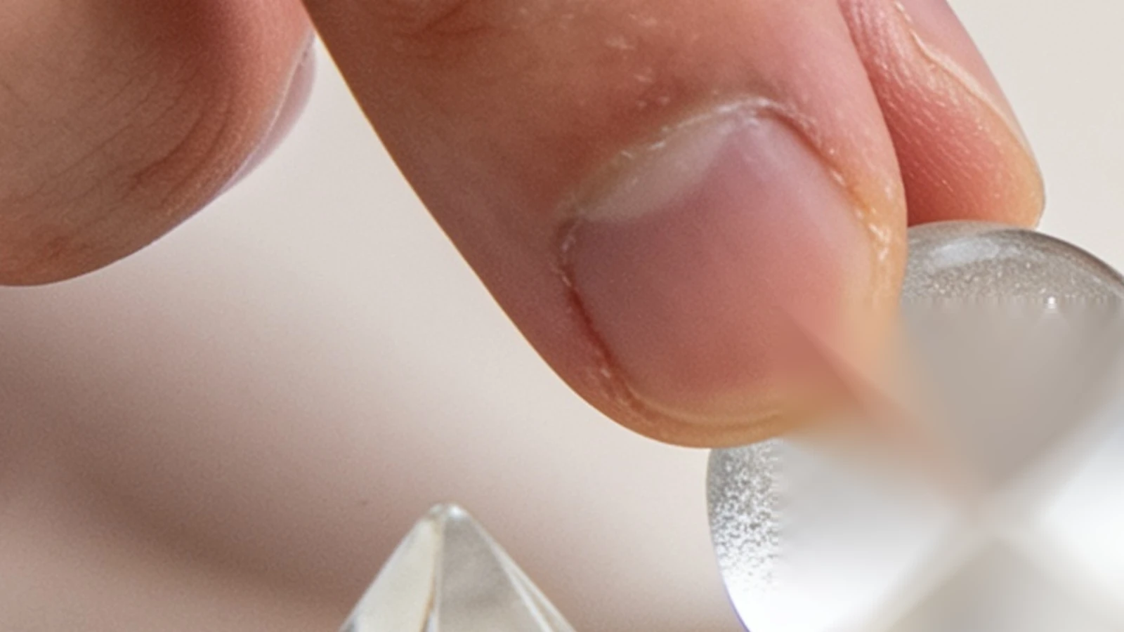 Eine Hand führt eine geschlossene, halbtransparente Kapsel durch eine Reihe optischer Prismen, ohne sie zu öffnen.