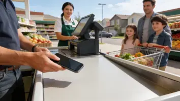 Eine Kundin hält an einer hellen Lebensmittelkasse ein unbeschriftetes Smartphone an eine neutrale Bezahlfläche.
